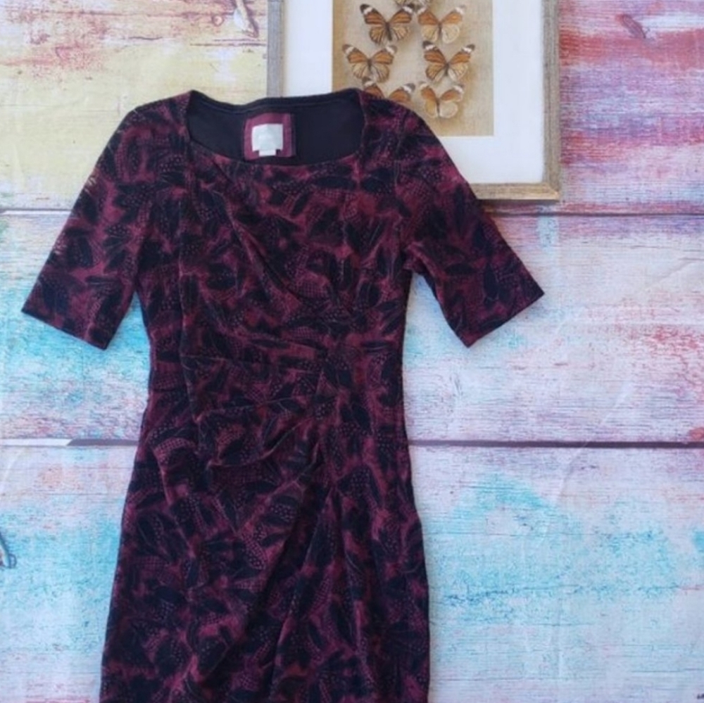 Anthropologie Maeve Elorn Burgundy Draped Front Lace Fitted Sheath Dress 8US - Picture 4 of 7